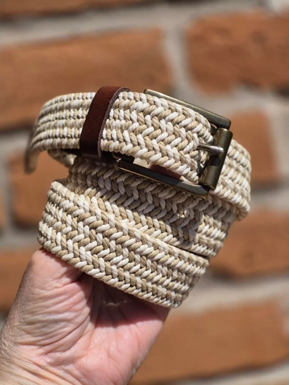 Fossil Kyle Khaki Belt Braided Rope & Leather Trim Adjustable Cream Tan Size 34